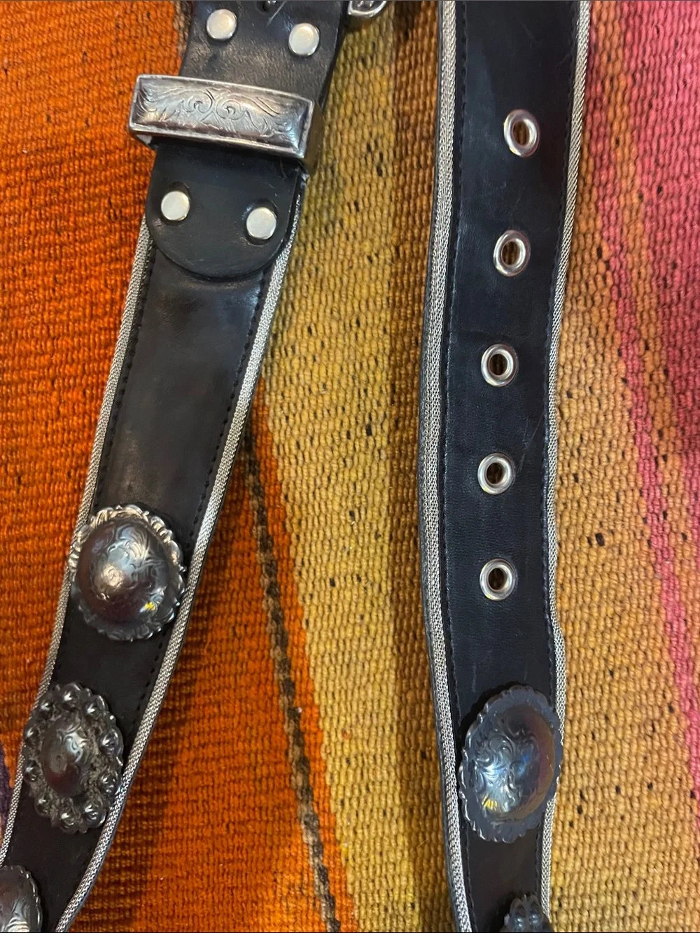 Another Line Black Western Faux Leather Belt with Engraved Pewter Conchos